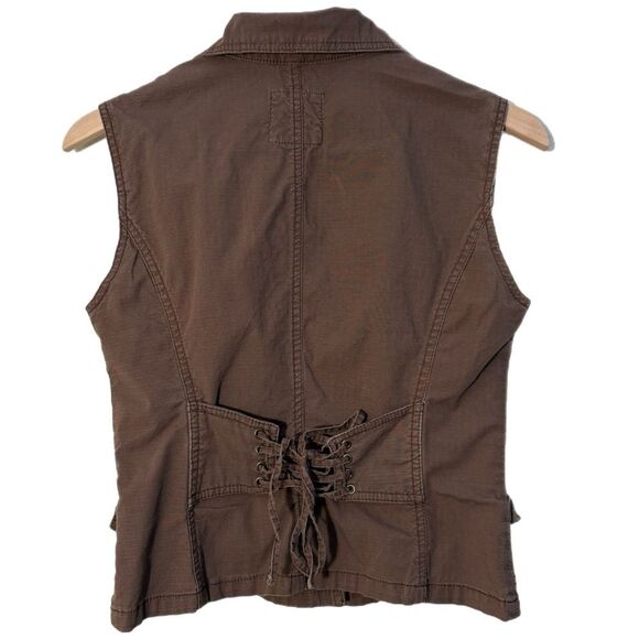 Country of Origin Chocolate Brown Women's Vest Button Up Lace Up Pockets Fitted. - Picture 2 of 7